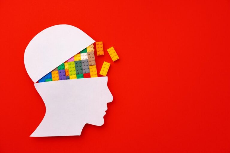 Papercut silhouette of human head with colorful constructor pieces