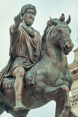 The equestrian statue of Marcus Aurelius, in the center of Camidoglio Square