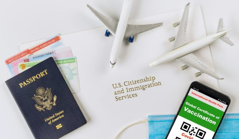 US Immigration Service with Coronavirus vaccination certificate for required vaccination at the USA