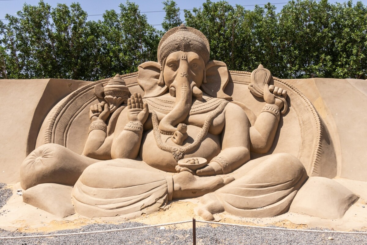 sand sculpture of Ganesha in Hinduism, the god of wisdom and well-being with the head of an elephant