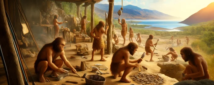 Imagined Image: Homo habilis, the handy man, as a pivotal species in human evolution. Scene depicts their natural habitat, using various tools: stone and wood tools. Tools used for crafting spears, digging, and shaping walking sticks. These early humans are shown interacting with their environment, highlighting their role as innovators and their impact on the development of early human cooperation and culture.