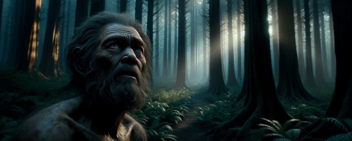 Imagined image: the last later Homo heidelbergensis or Homo antecessor in a deep forest during early evening. The individual's face captures a moment of intense emotion, expressing either despair or determination amidst the dense, shadowy foliage. This setting emphasizes the gravity of their struggle for survival in a natural, secluded environment.