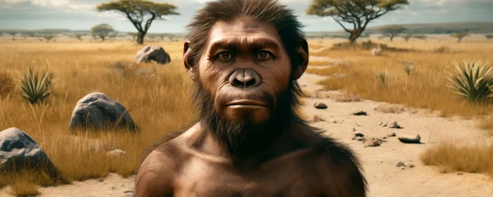 Image depicting an artistic reconstruction of Homo habilis just before the emergence of Homo erectus, around 1.9 million years ago. This image illustrates the subtle evolutionary changes in Homo habilis, capturing a slightly more advanced stage in their development.