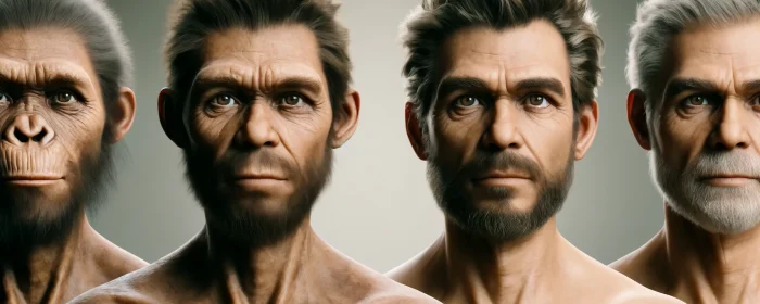 Imagined image: two Homo sapiens males from different stages of human evolution are featured. The first figure represents Homo sapiens from about 300,000 years ago, and the second from about 100,000 years ago, each with distinct features representative of their times.