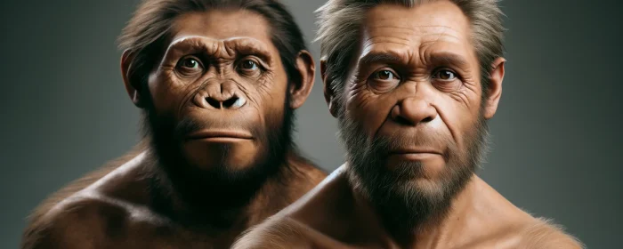 Imagined image: a possible look for neanderthals. On left is a neanderthal, circa 400,000 BCE when they first emerged. On the right, a neanderthal, circa 100,000 BCE, and perhaps after interbreeding with humans.