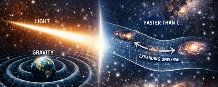 The true meaning behind the “speed of light.” While light and gravity both propagate at the universal speed limit, spacetime itself can expand faster than this limit, causing distant regions to separate without transmitting information.